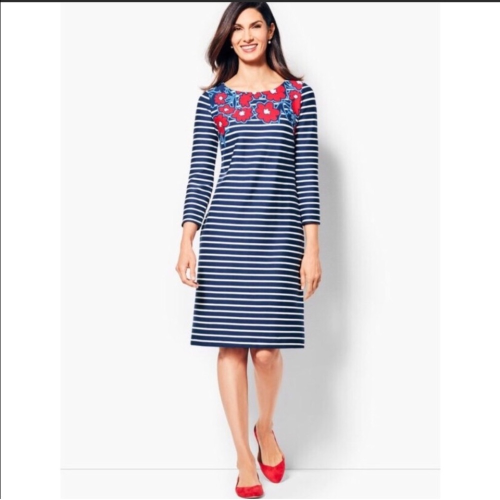 Talbots Striped Casual 3/4 Sleeve Stretch Floral  Mini Dress Size: M